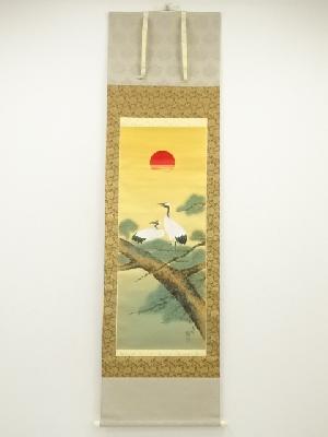 国井道成筆　松上鶴　肉筆絹本掛軸（共箱）